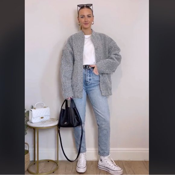 NWT ZARA OVERSIZED BOUCLE BOMBER LIGHT GRAY - Picture 4 of 8